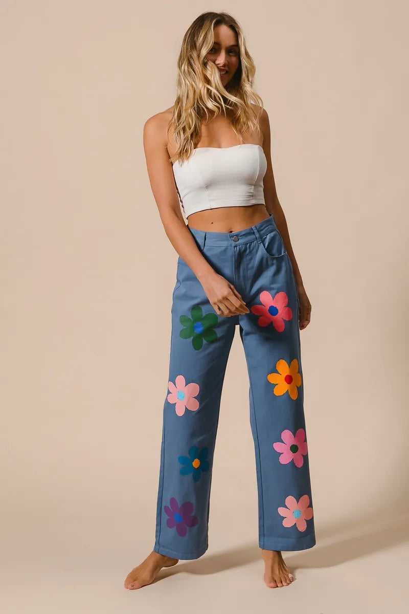 Flower Print Straight Legs Pants