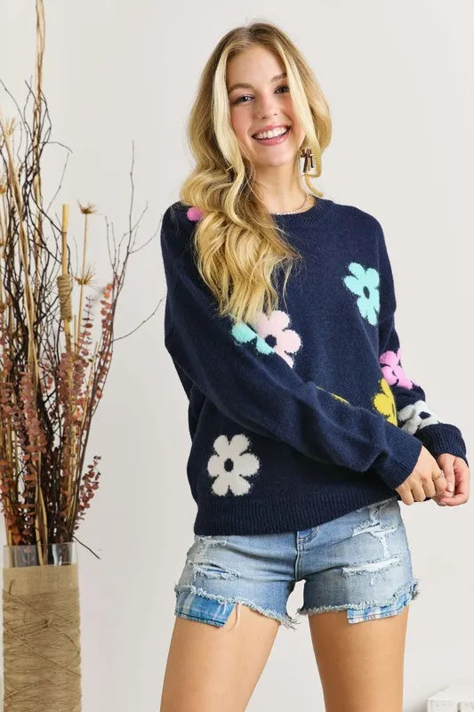 ADORA Full Size Flower Popped Sweater Plus Size in Navy