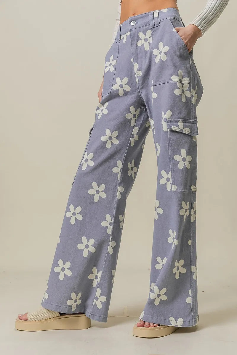Flower Printed Side Pocket Wide Pants