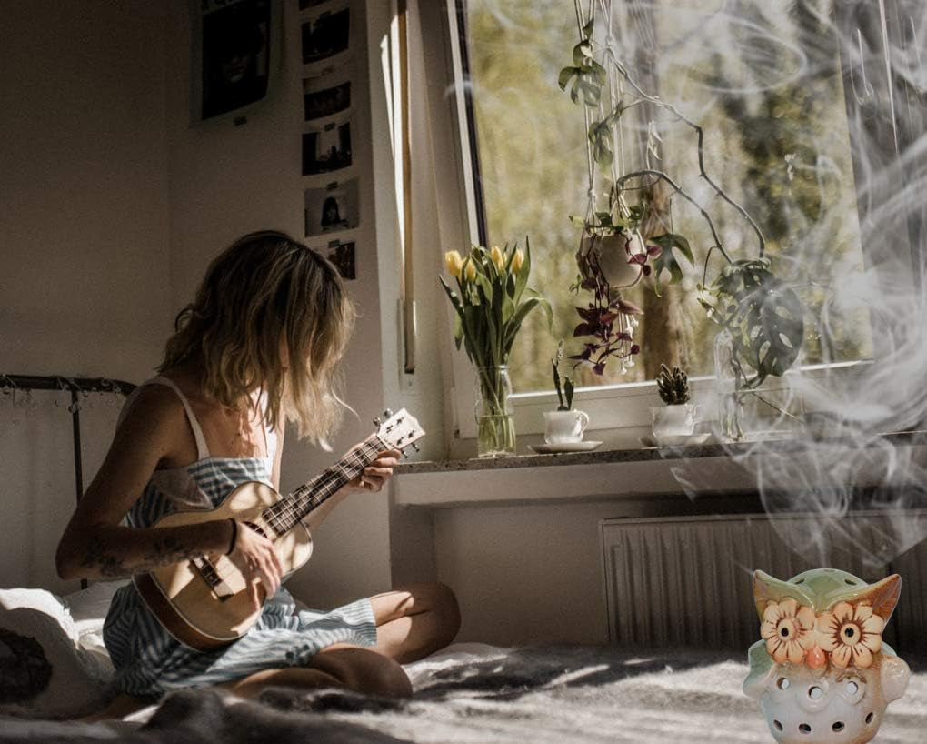 Ceramic Owl Incense Burner - Holder for Cones, Bricks, Rope & Resin Incense, Candle Holder (Blue)