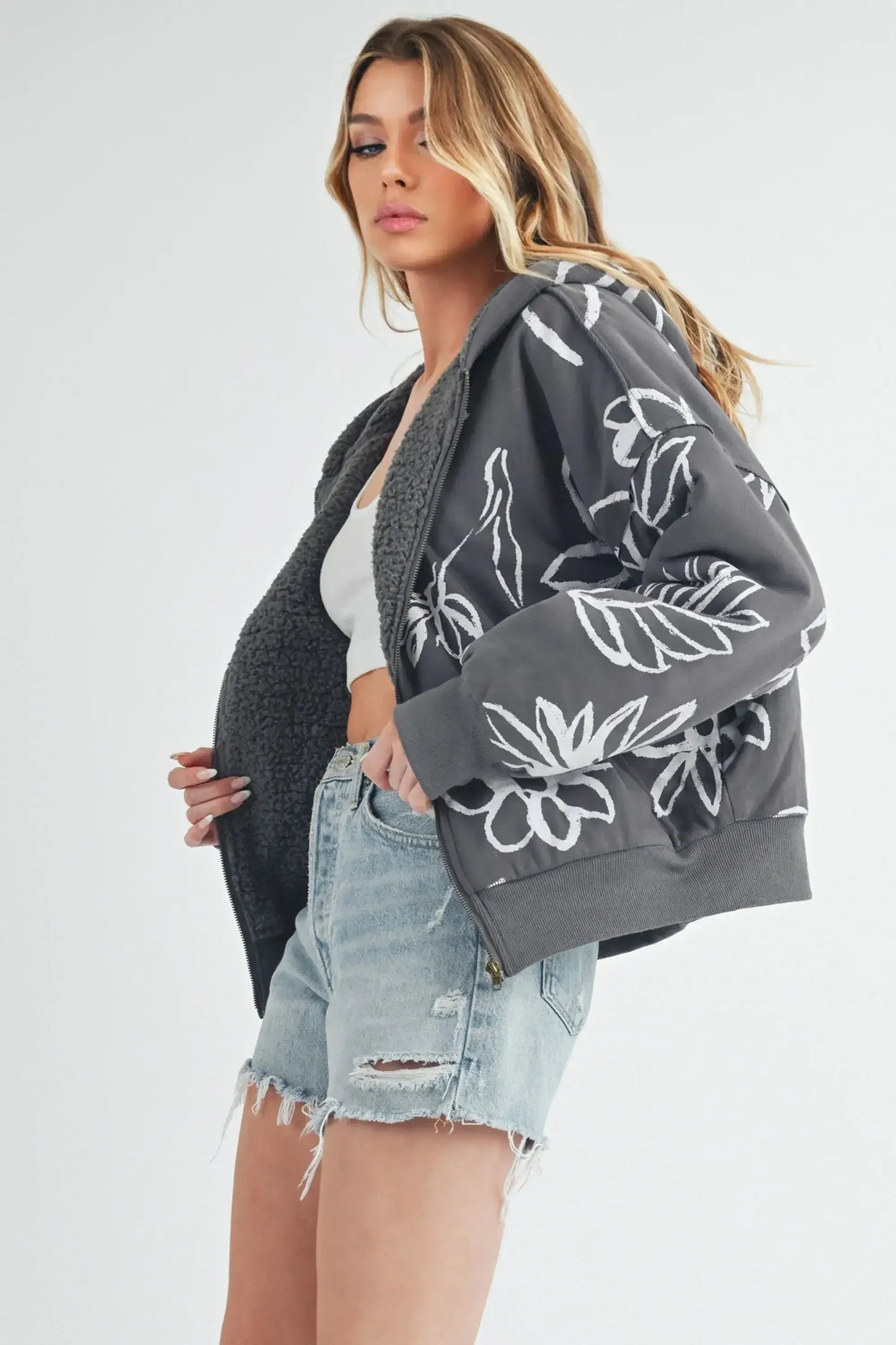 Aemi + Co Flower Print Zip Up Sherpa Hoodie