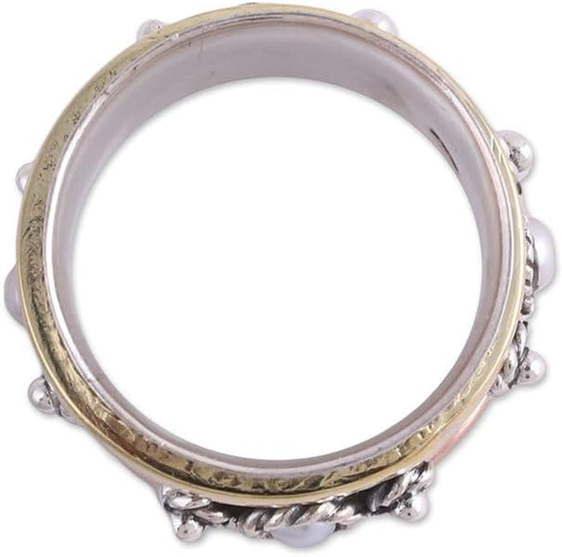 Artisan Handmade Cultured Freshwater Pearl Meditation Spinner Ring .925 Sterling Silver with Brass Copper Metallic Tone White Band India Birthstone 'Spinning Blossom'