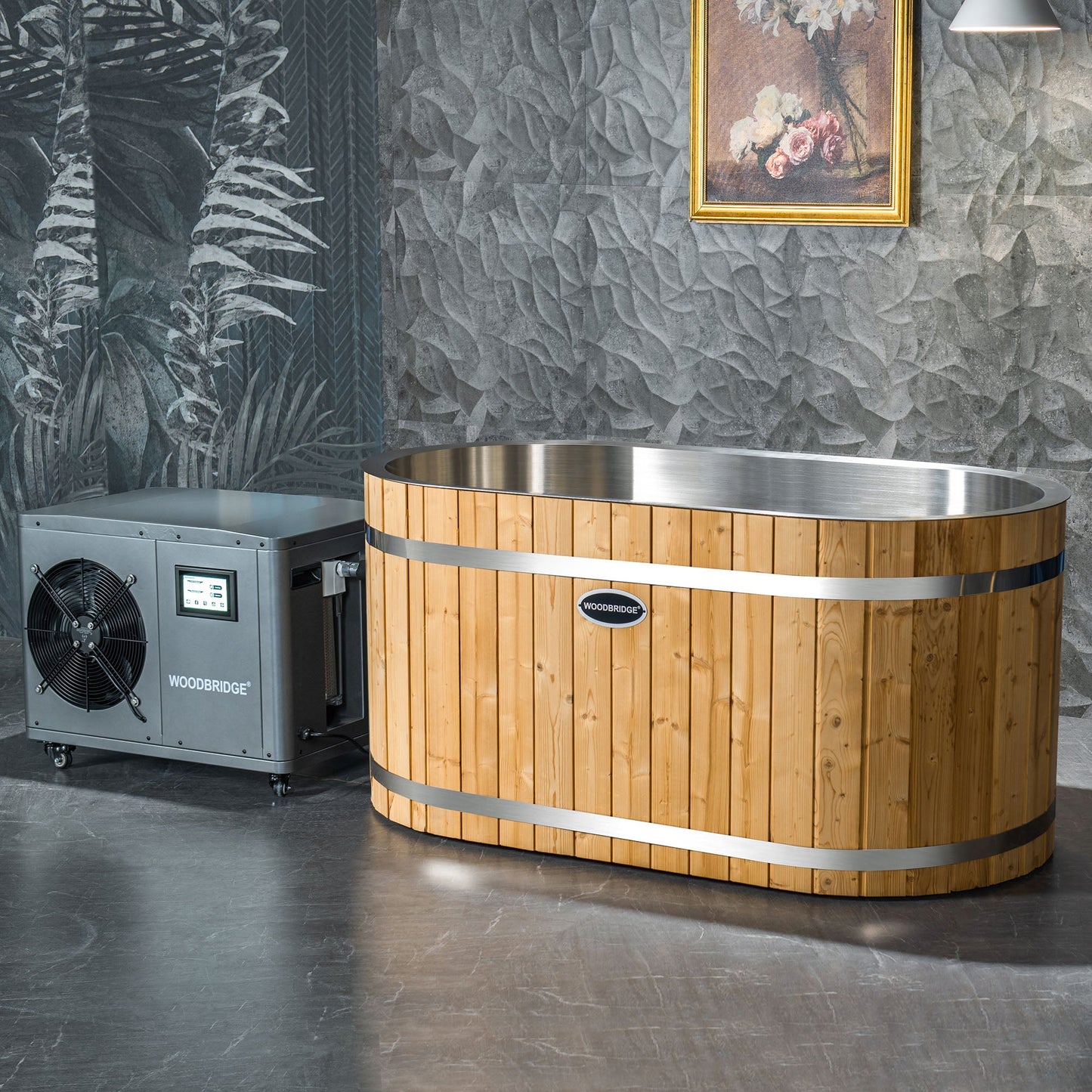 WOODBRIDGE 59" Cold Plunge Tub with 1.3 HP High-Performance Cooling and Heating Chiller in Gray, Ozone sanitation, Filter circulation system, Insulated Tub Lid, Wood Stool, Wood Seat