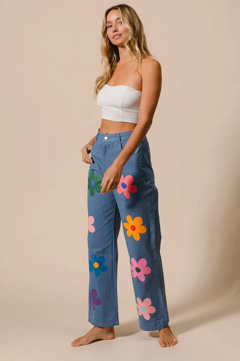 Flower Print Straight Legs Pants