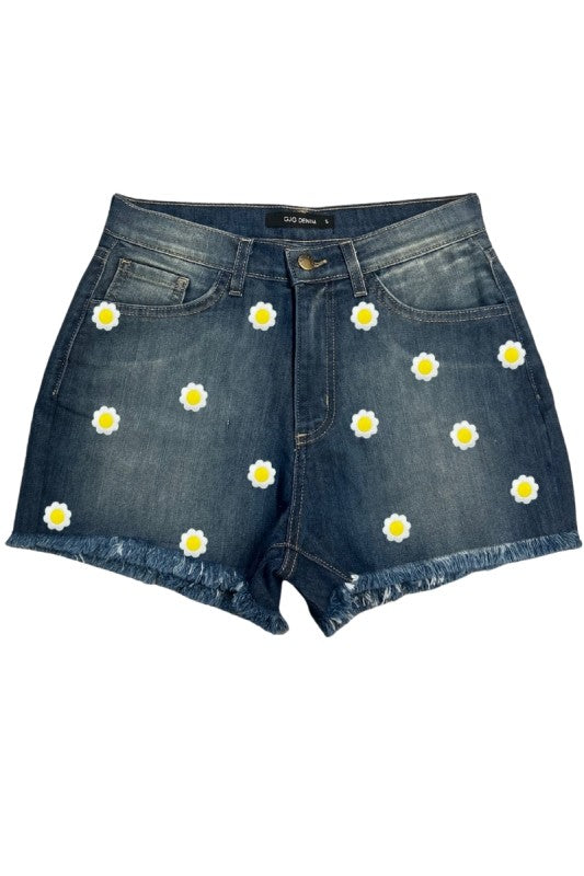 Blue High-Waisted Daisy Embroidered Denim Shorts