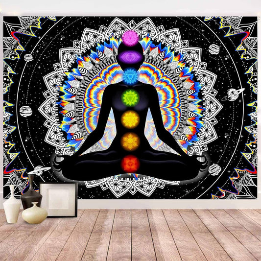 Seven Chakra Tapestry Mandala Tapestry Trippy Black and White Tapestry Celestial Space Tapestry Boho Yoga Meditation Wall Hanging Tapestry for Bedroom Home Decor (H29.5 X W39.4)