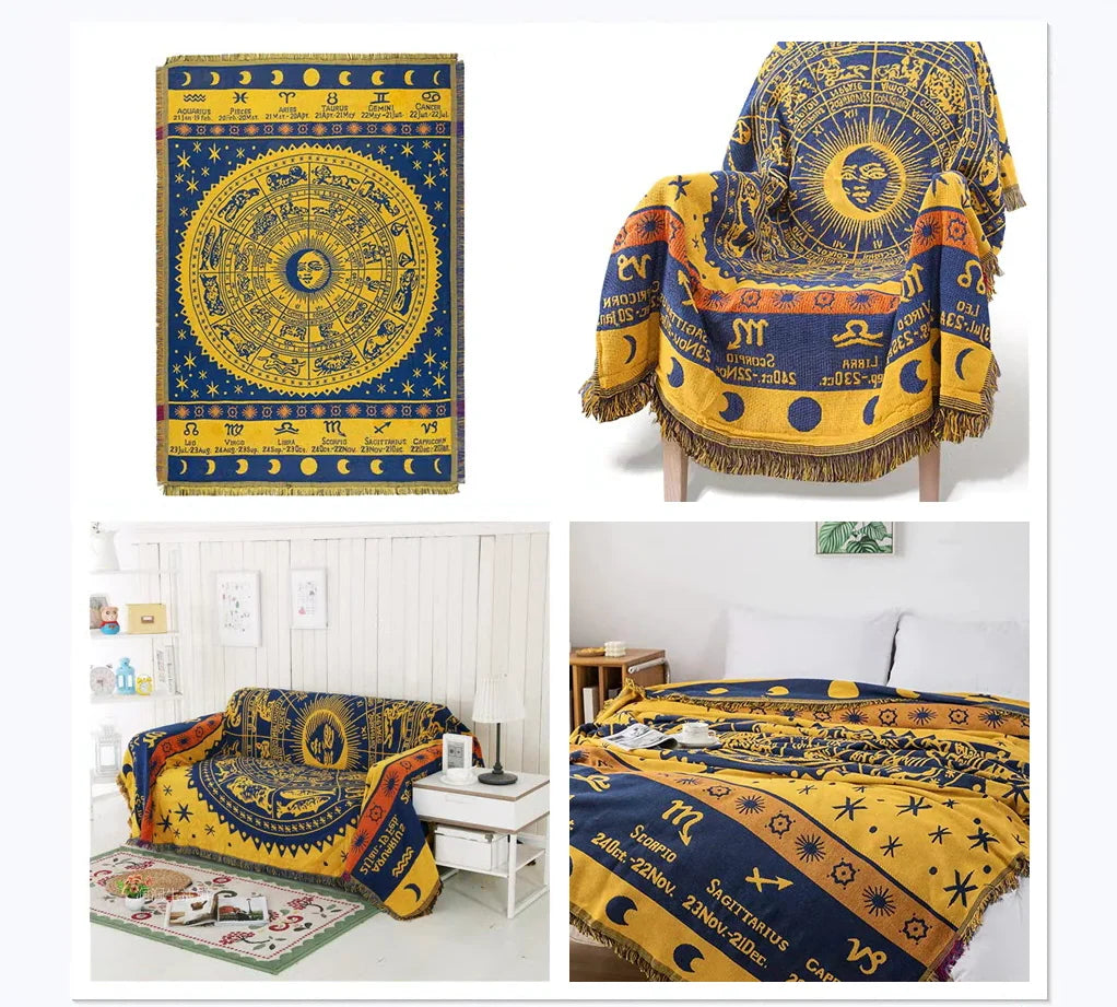 Zodiac Throw Blanketboho Hippie Woven Witchy Astrology Celestial Constellation Balnket for Home Decor, Double Side Cover Chair Sofa Couch(Yellow,S 51" X 71")