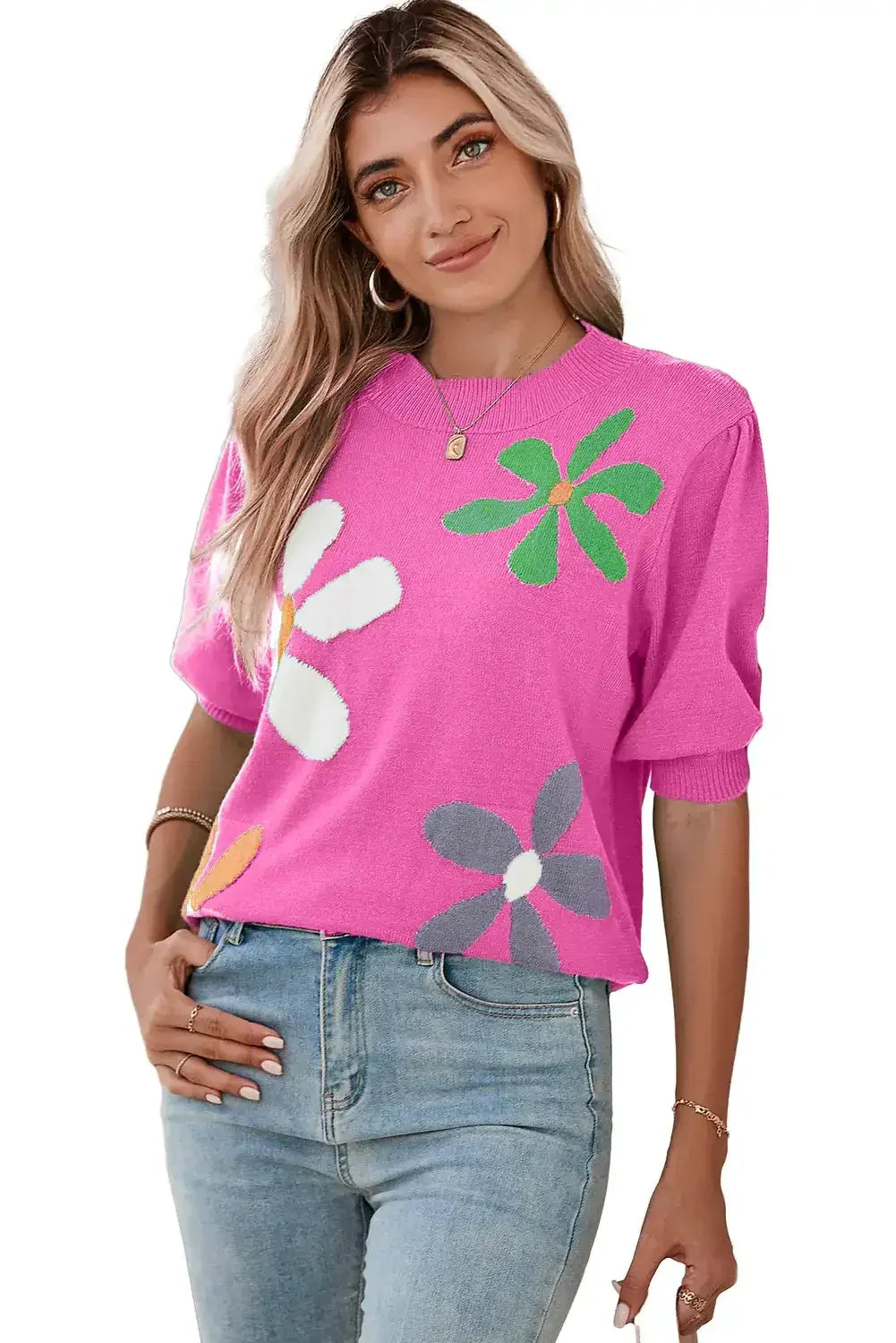 Bright Green 60s Floral Bubble Short Sleeve Knitted Top