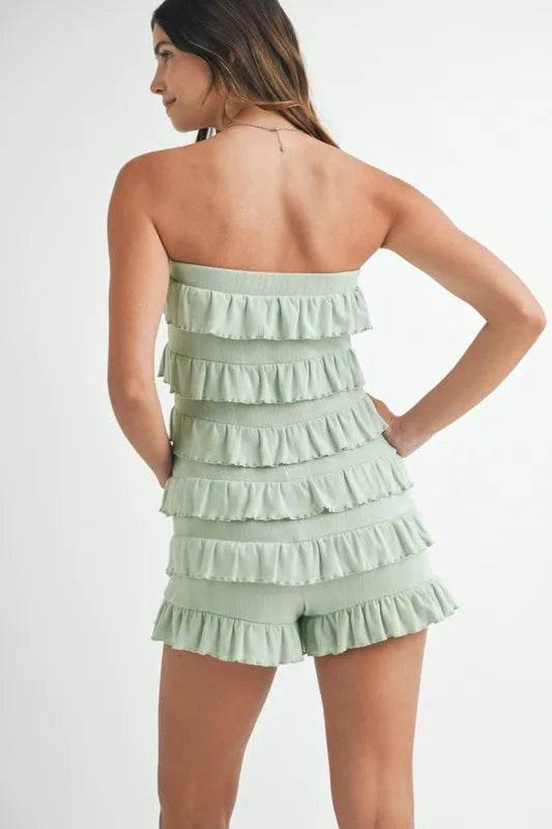MABLE Pointelle Knit Fabric Ruffled Tube Romper