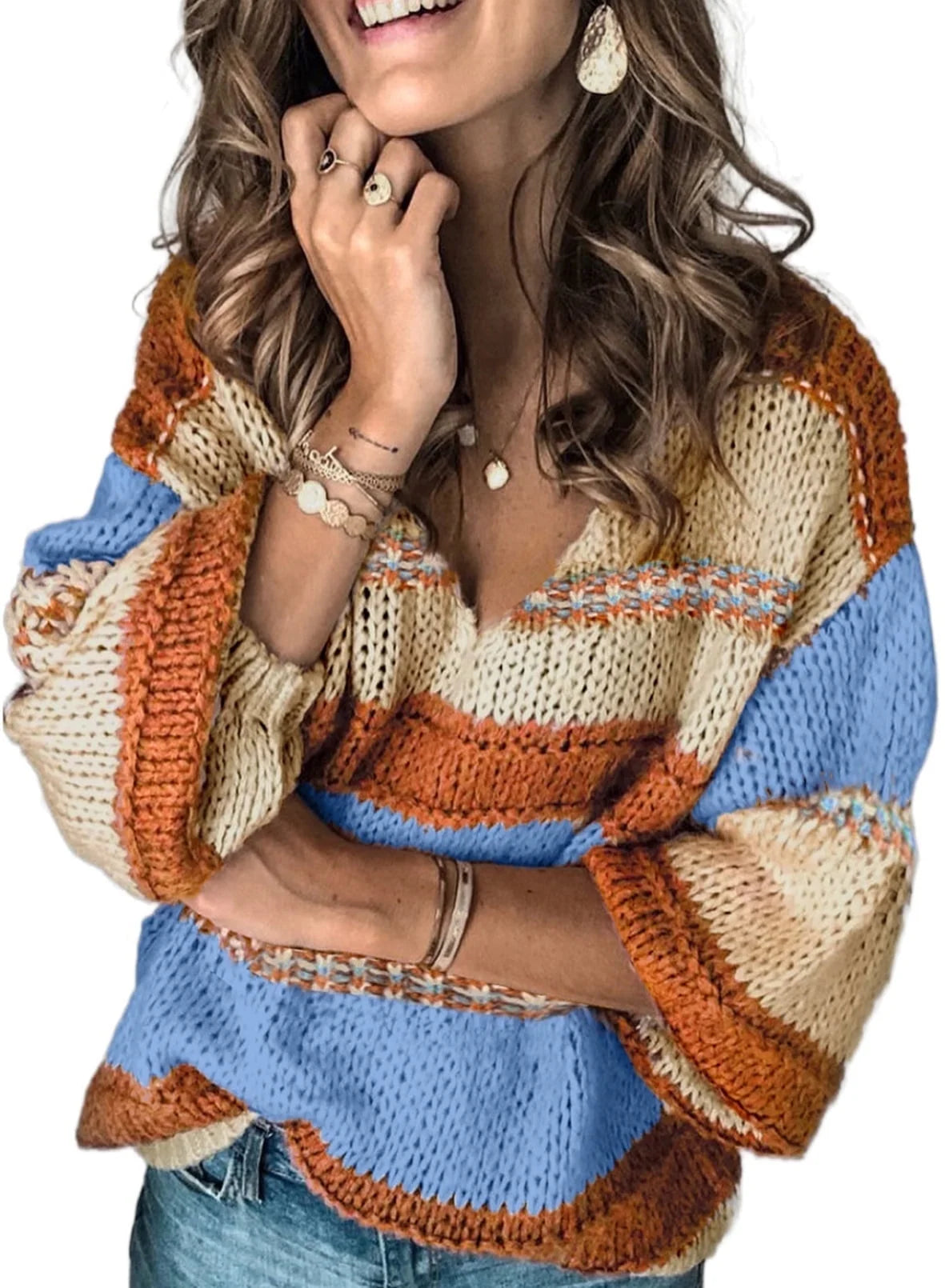 Womens Loose V Neck Sweater Oversized Ladies Color Block Knitted Tops Lantern Sleeve Pullover Shirts M 8-10