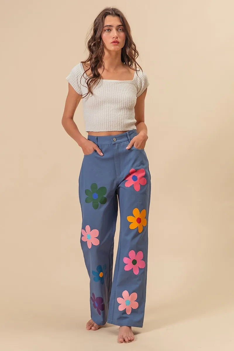Flower Print Straight Legs Pants