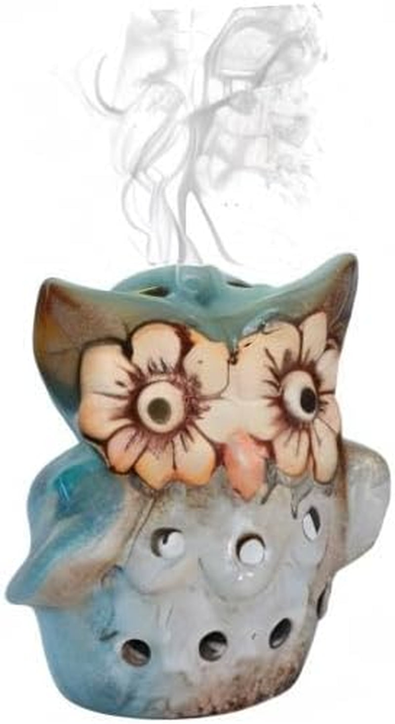Ceramic Owl Incense Burner - Holder for Cones, Bricks, Rope & Resin Incense, Candle Holder (Blue)