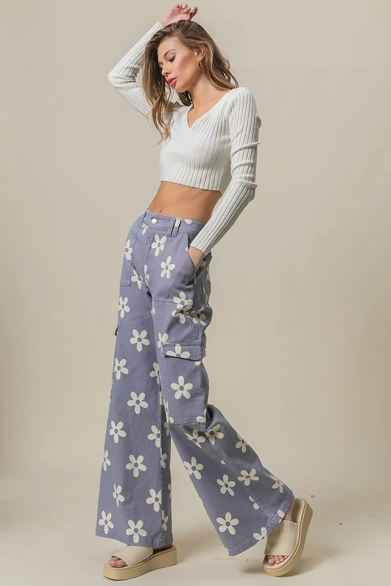 Flower Printed Side Pocket Wide Pants