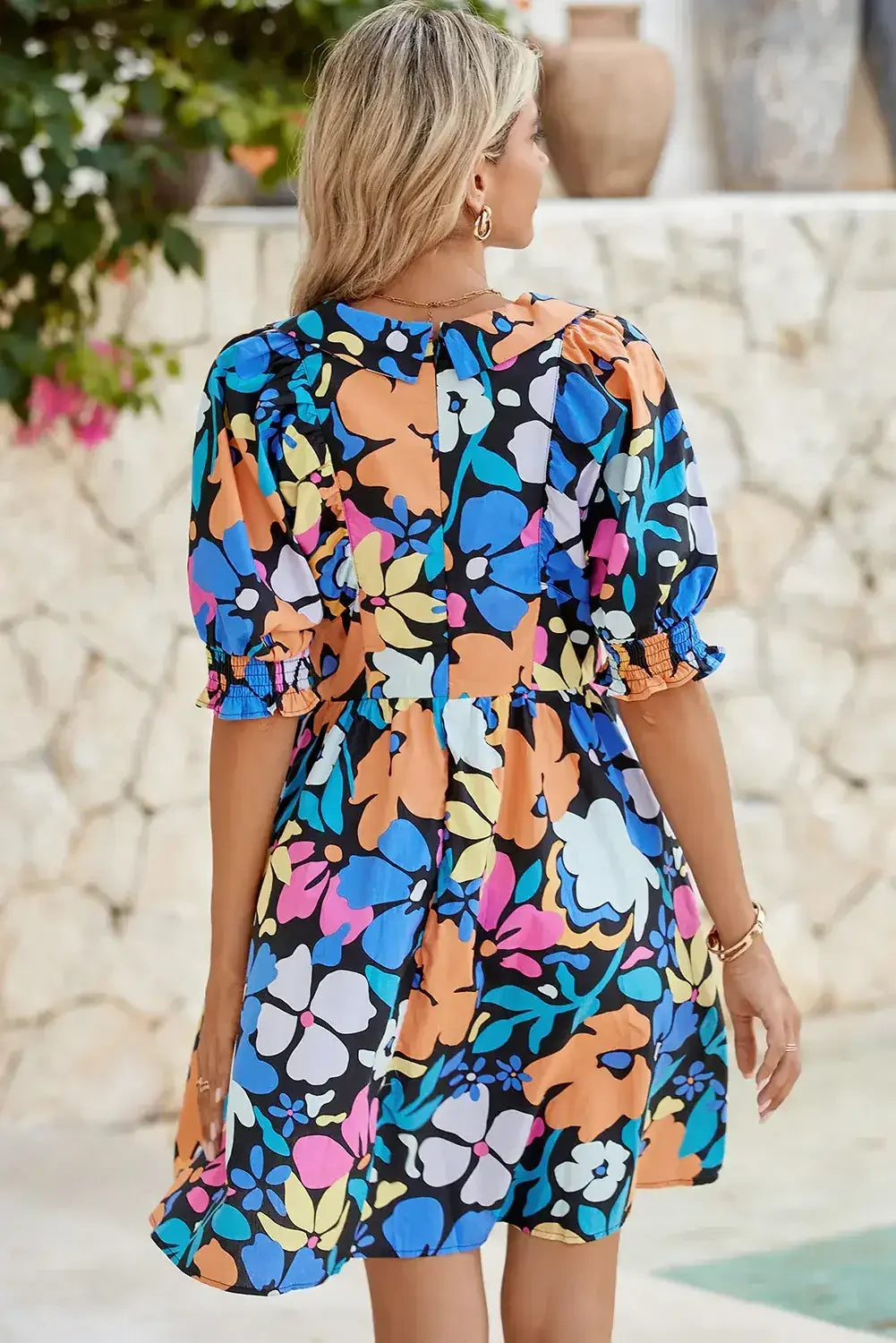 Blue Floral Print Collared Split V Neck Flared Mini Dress - Femstylo