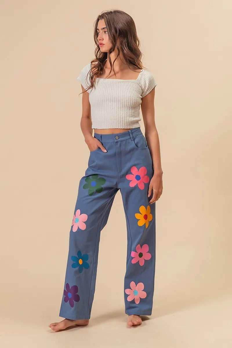 Flower Print Straight Legs Pants