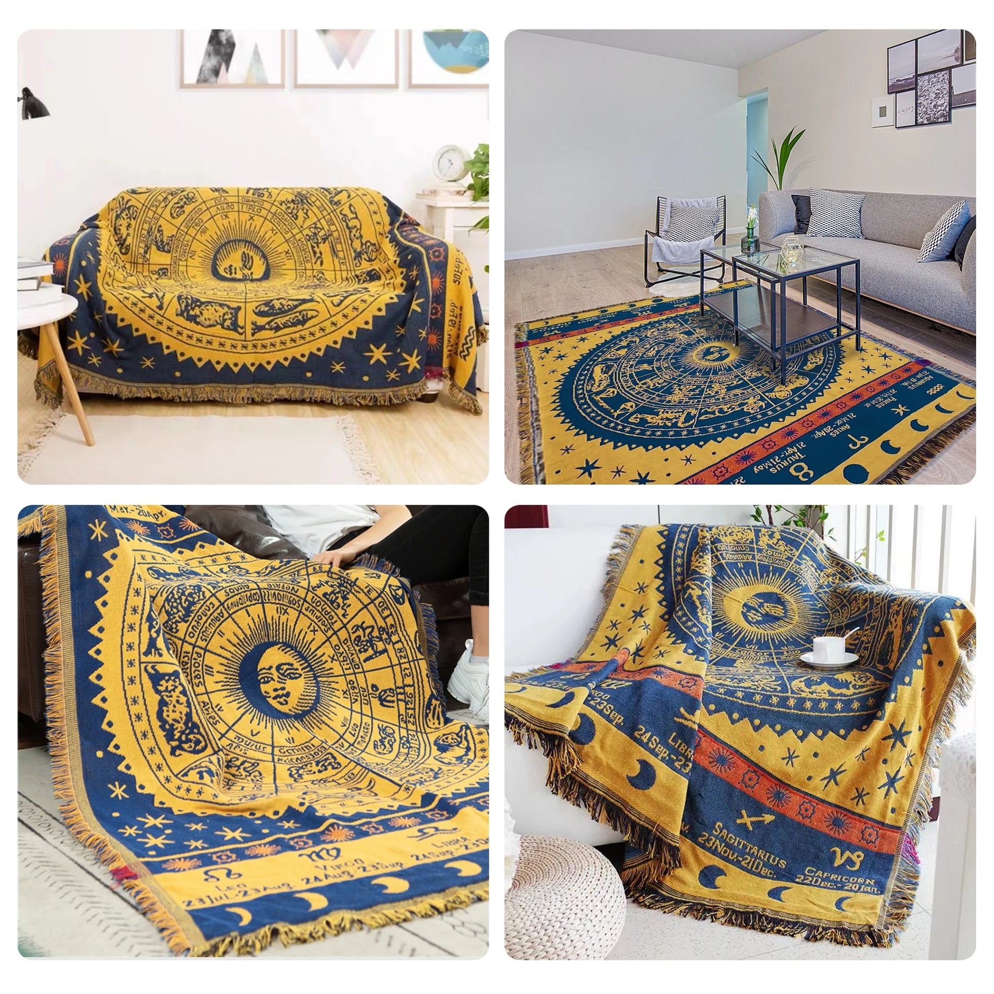 Zodiac Throw Blanketboho Hippie Woven Witchy Astrology Celestial Constellation Balnket for Home Decor, Double Side Cover Chair Sofa Couch(Yellow,S 51" X 71")