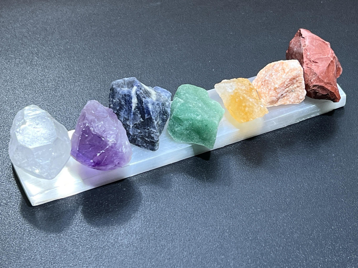 Chakra Crystal Set 7 Stone Rough Raw With Selenite Bar  Reiki