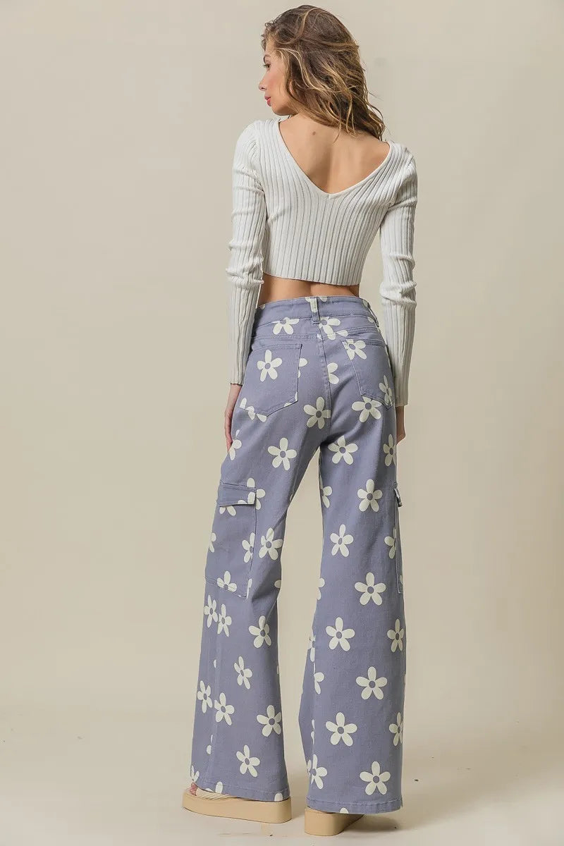 Flower Printed Side Pocket Wide Pants