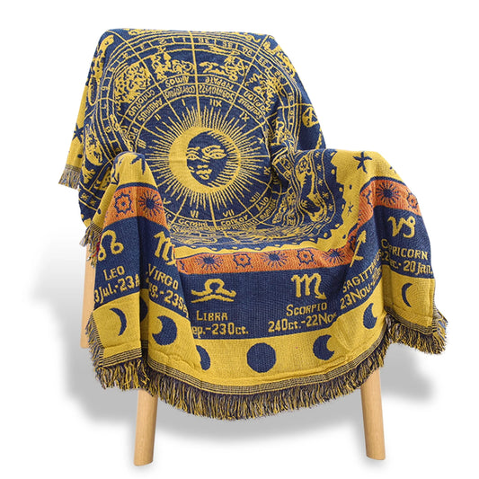 Zodiac Throw Blanketboho Hippie Woven Witchy Astrology Celestial Constellation Balnket for Home Decor, Double Side Cover Chair Sofa Couch(Yellow,S 51" X 71")