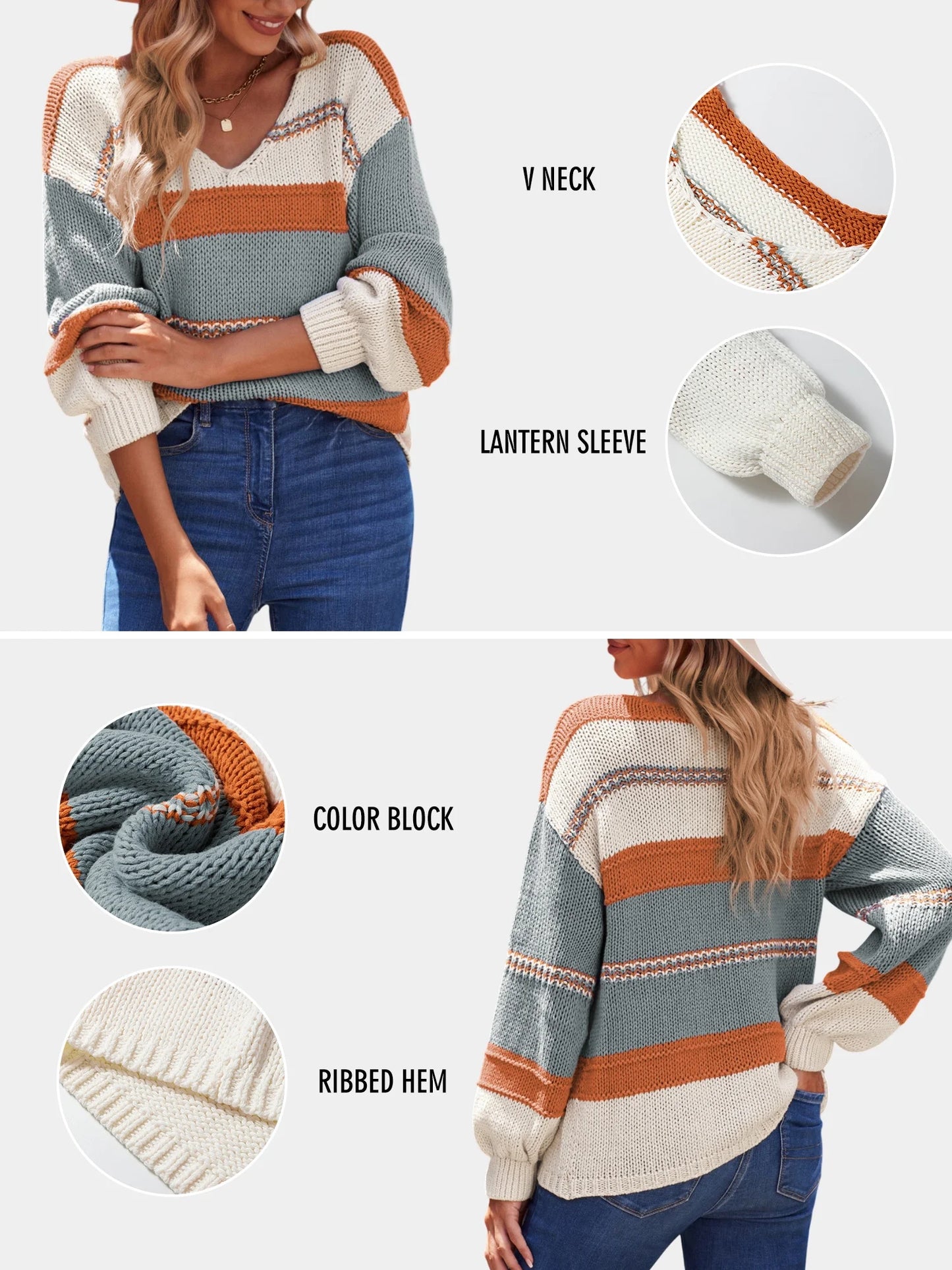 Womens V-Neck Knitted Lantern Sleeve Pullover Sweater Fashion Color Block Cable Knit Jumper Tops S 4-6