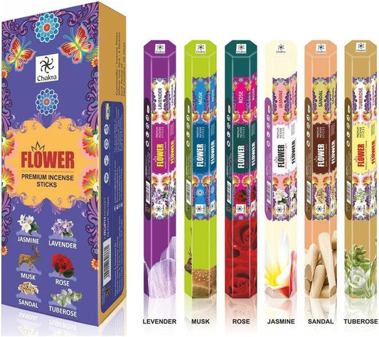 Premium Natural Incense Sticks – Variety Pack of 6 Blossomy Scents – Jasmine, Lavender, Musk, Rose, Sandalwood & Tuberose – Long-Lasting Scented Incense for Meditation & Home Fragrance