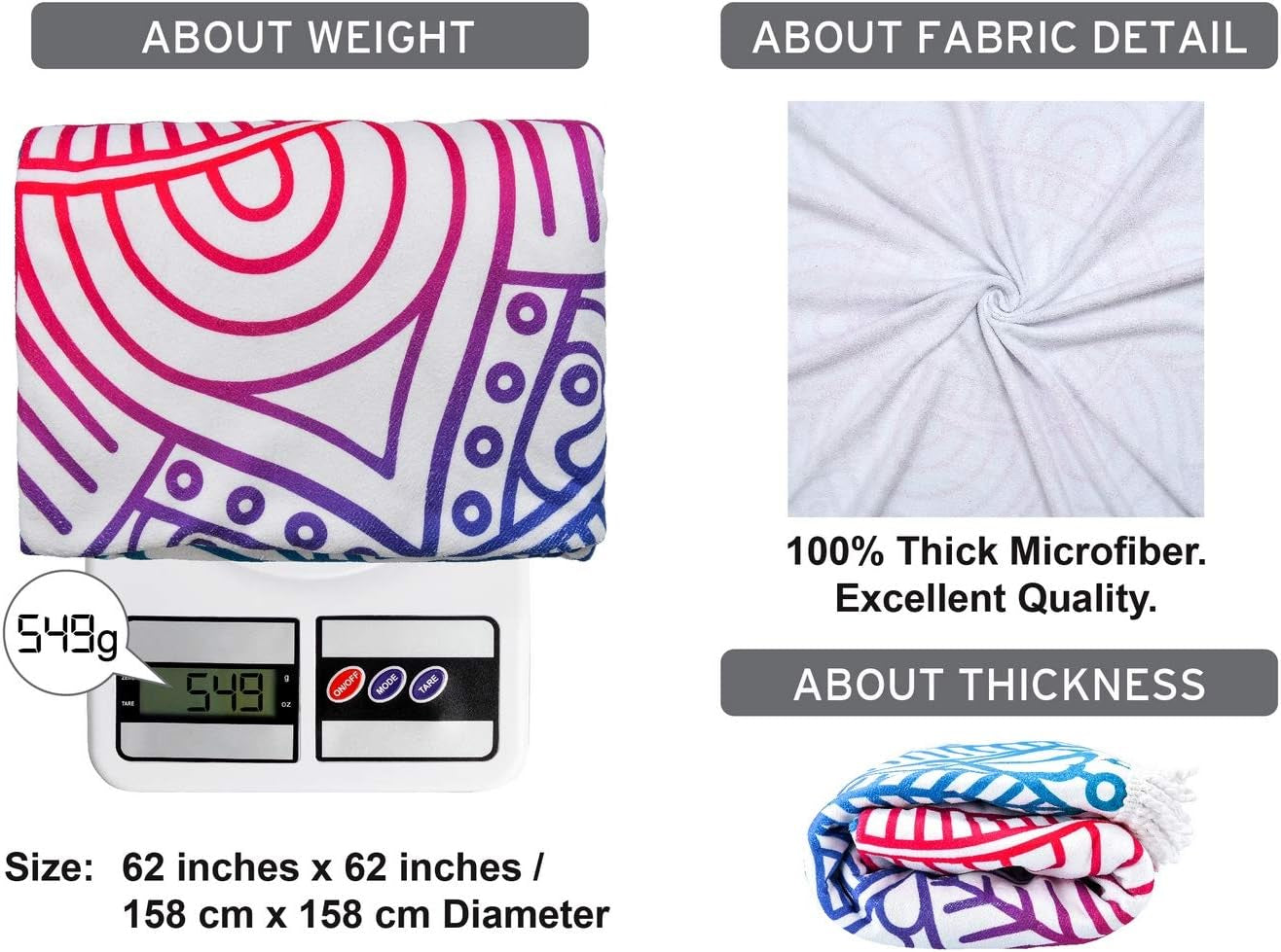 Large & Thick Microfiber Mandala round Beach Towel Throw Blanket with Fringed 62"X 62" Soft Absorbent Quick Dry Multi-Purpose Picnic Yoga Meditation Mat Roundie for Women Men Boy Girl Kids