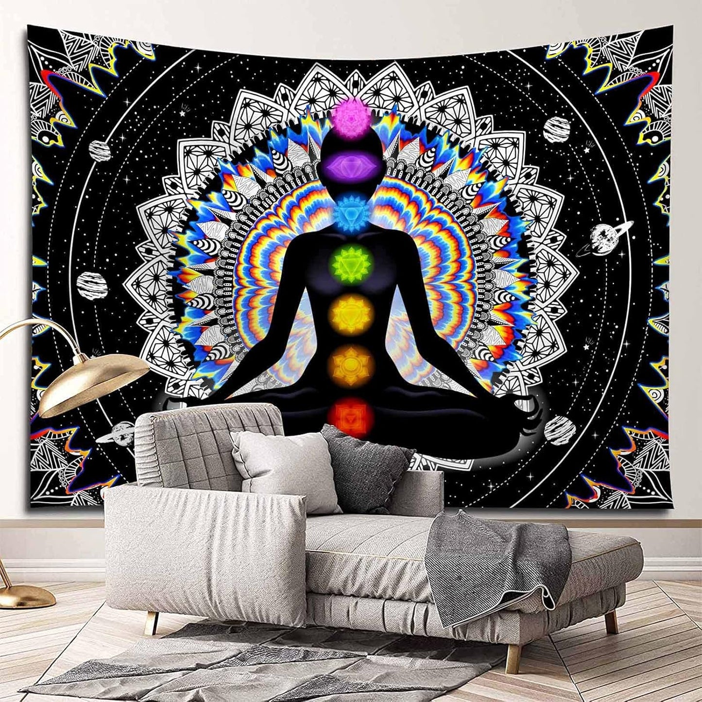 Seven Chakra Tapestry Mandala Tapestry Trippy Black and White Tapestry Celestial Space Tapestry Boho Yoga Meditation Wall Hanging Tapestry for Bedroom Home Decor (H29.5 X W39.4)