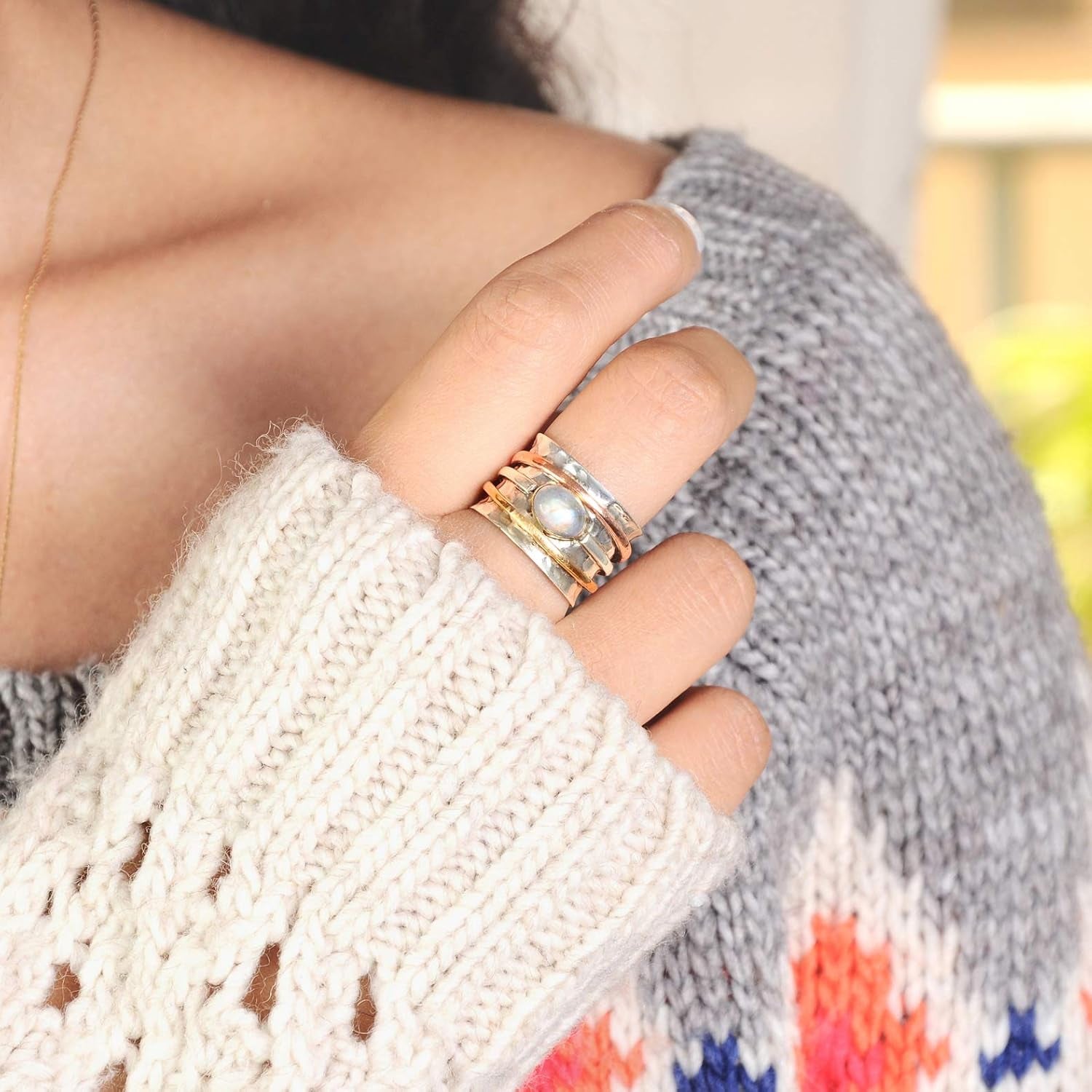 925 Sterling Silver Spinner Moonstone Ring for Women with Copper and Brass Fidget Rings Bands