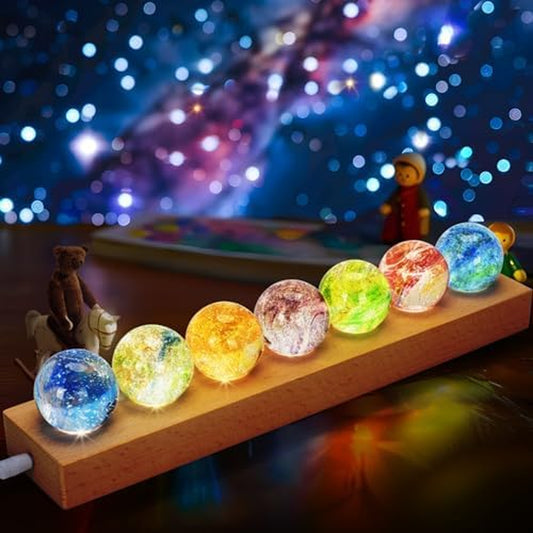 7 Chakra Natural Healing Spheres with LED Wooden Stand 40Mm Crystal Quartz Stones for Meditation Attracts Lucky Night Light Decoration Balls Set for Home Office