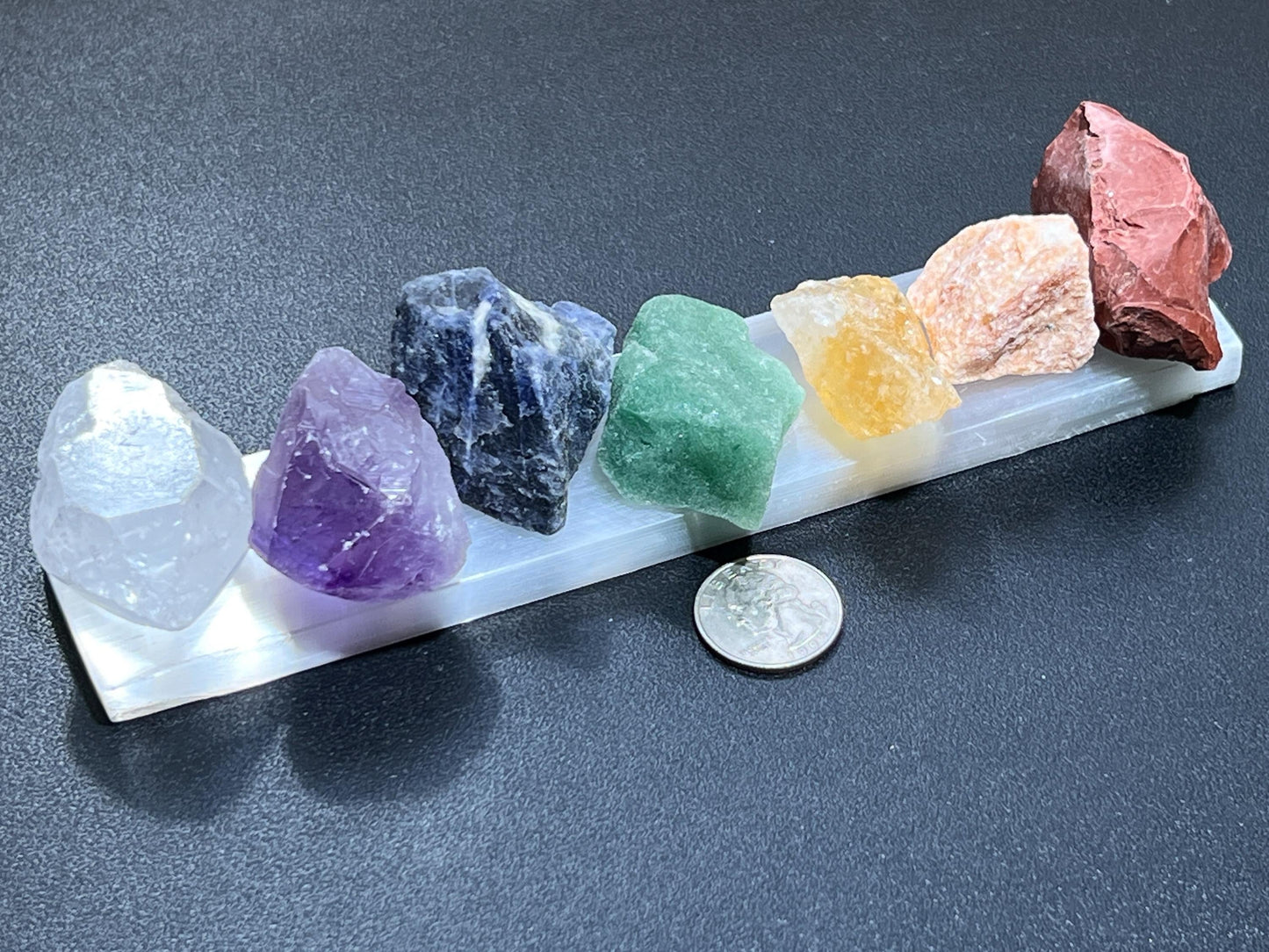 Chakra Crystal Set 7 Stone Rough Raw With Selenite Bar  Reiki