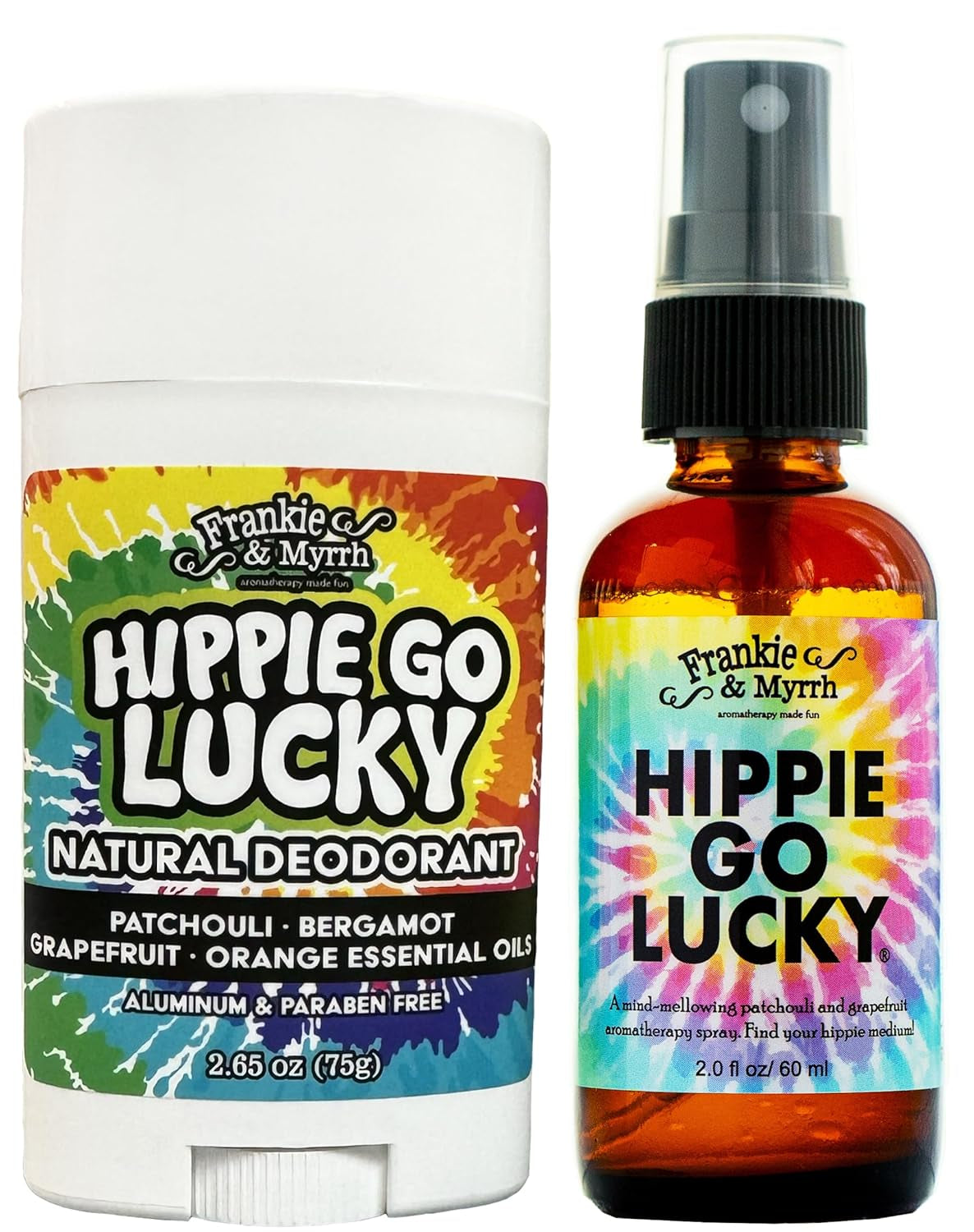 Hippie Combo Spray and Deodorant Pack | Spray 2 Fl Oz & Deodorant Single 2.65 Oz | Freshwater Patchouli Mist & Natural Deodorant | Packed with Fun Extras