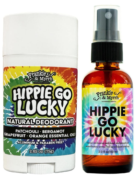 Hippie Combo Spray and Deodorant Pack | Spray 2 Fl Oz & Deodorant Single 2.65 Oz | Freshwater Patchouli Mist & Natural Deodorant | Packed with Fun Extras