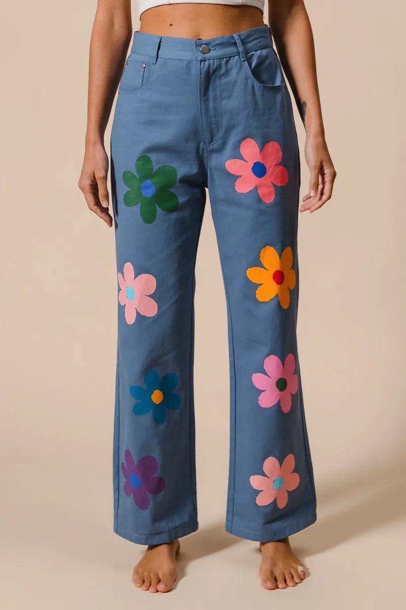 Flower Print Straight Legs Pants