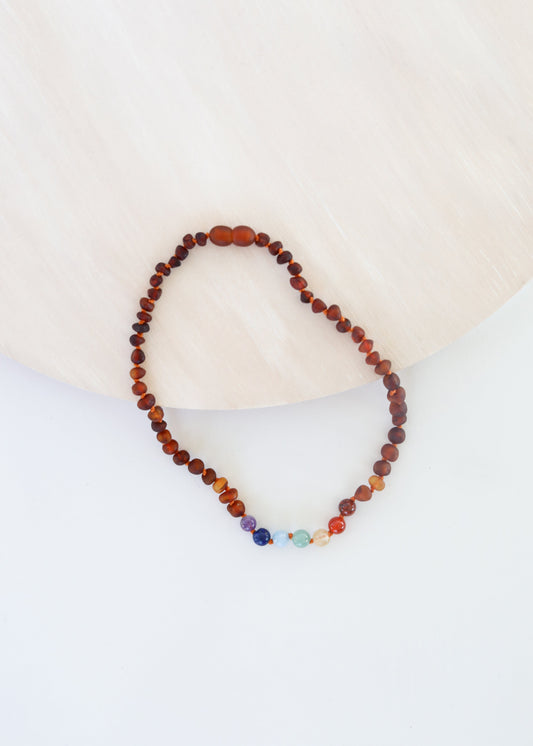 Raw Cognac Baltic Amber + CHAKRA Crystals || Necklace
