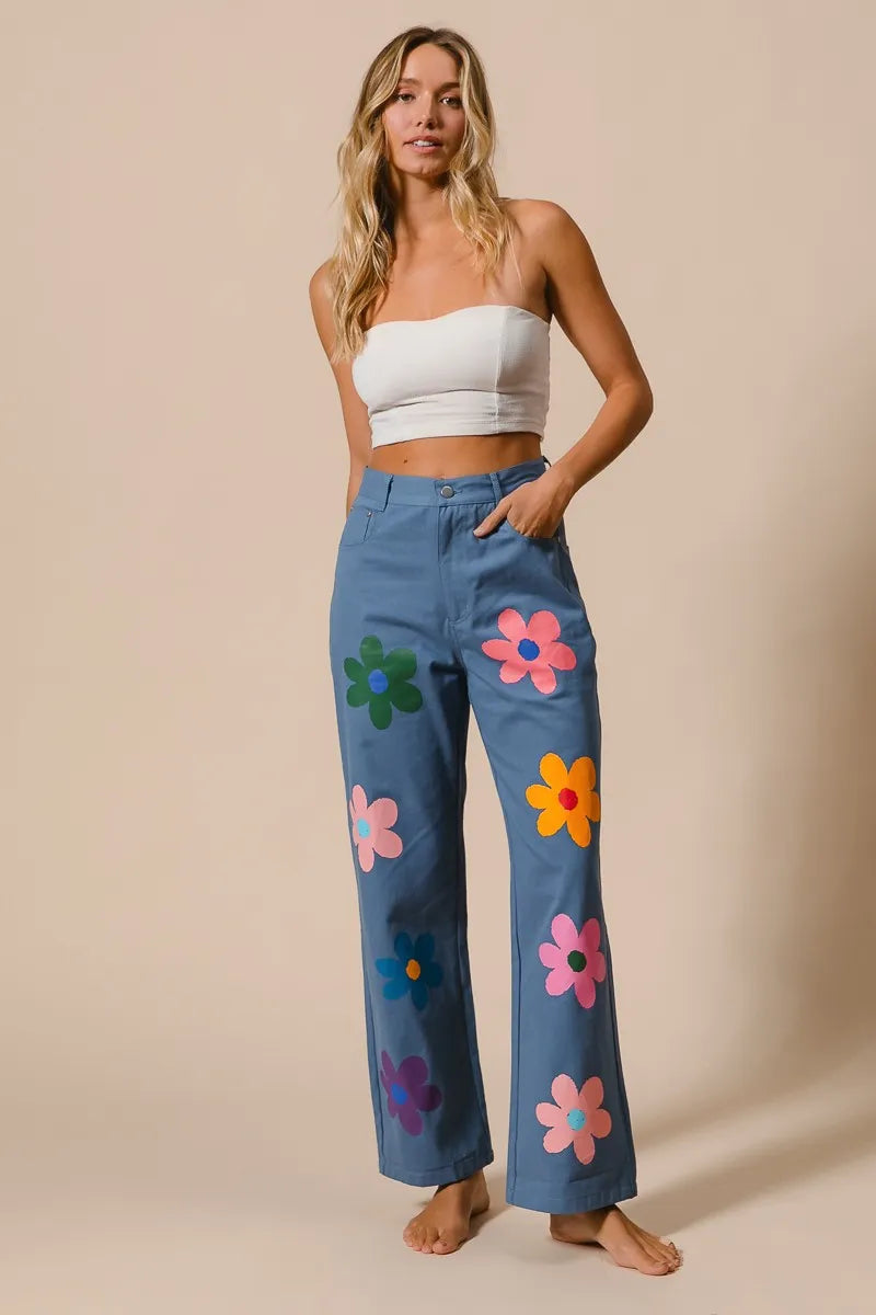 Flower Print Straight Legs Pants