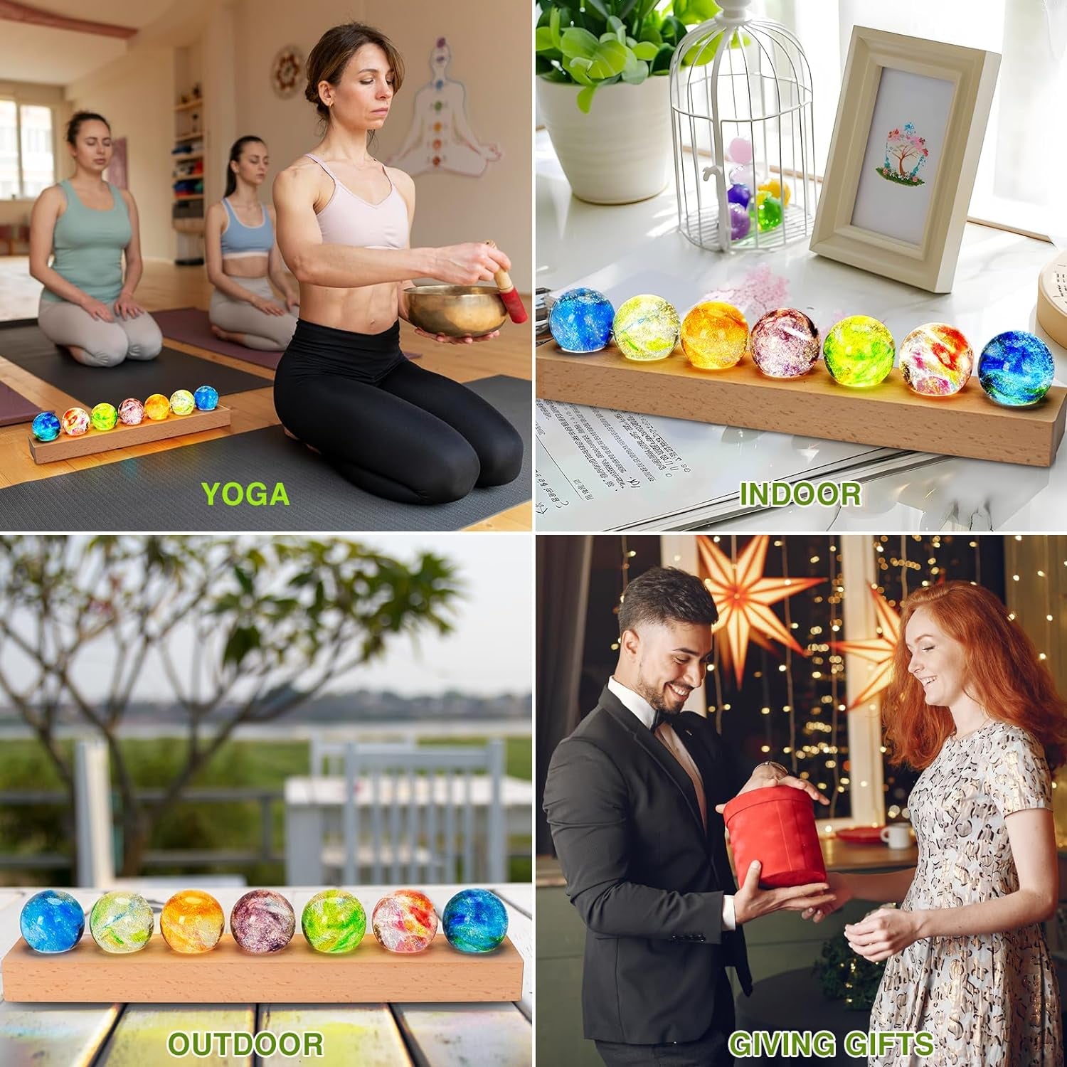 7 Chakra Natural Healing Spheres with LED Wooden Stand 40Mm Crystal Quartz Stones for Meditation Attracts Lucky Night Light Decoration Balls Set for Home Office