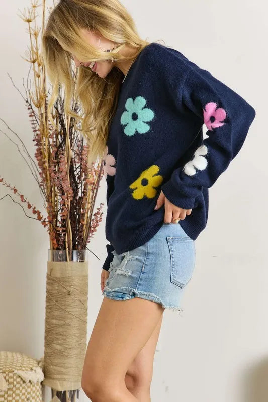 ADORA Full Size Flower Popped Sweater Plus Size in Navy
