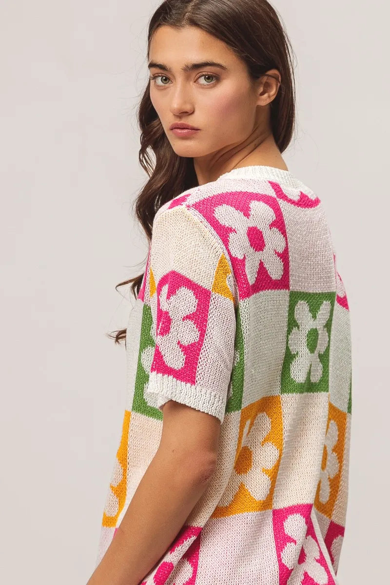 BiBi Flower Checker Pattern Lightweight Sweater Top
