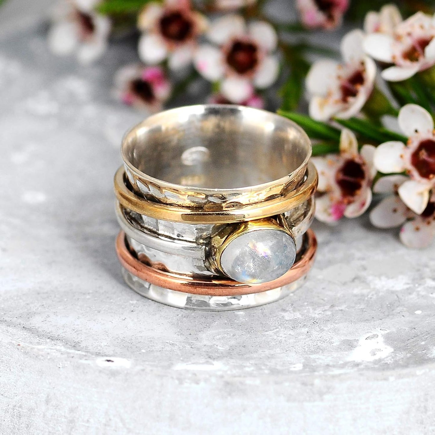 925 Sterling Silver Spinner Moonstone Ring for Women with Copper and Brass Fidget Rings Bands
