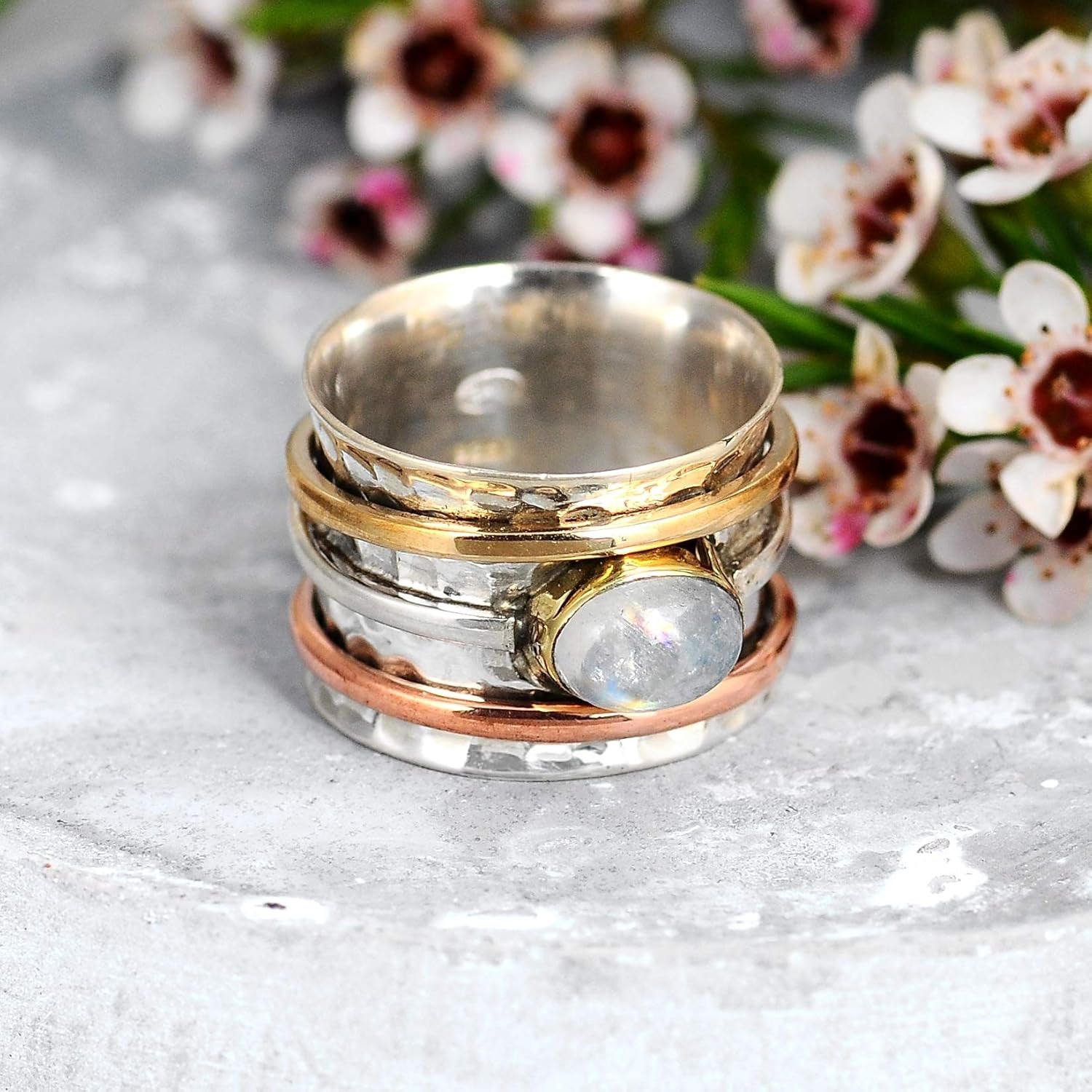 925 Sterling Silver Spinner Moonstone Ring for Women with Copper and Brass Fidget Rings Bands