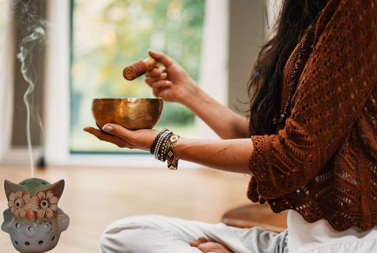 Ceramic Owl Incense Burner - Holder for Cones, Bricks, Rope & Resin Incense, Candle Holder (Blue)