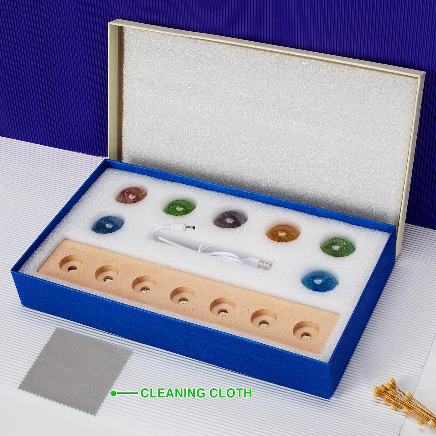 7 Chakra Natural Healing Spheres with LED Wooden Stand 40Mm Crystal Quartz Stones for Meditation Attracts Lucky Night Light Decoration Balls Set for Home Office