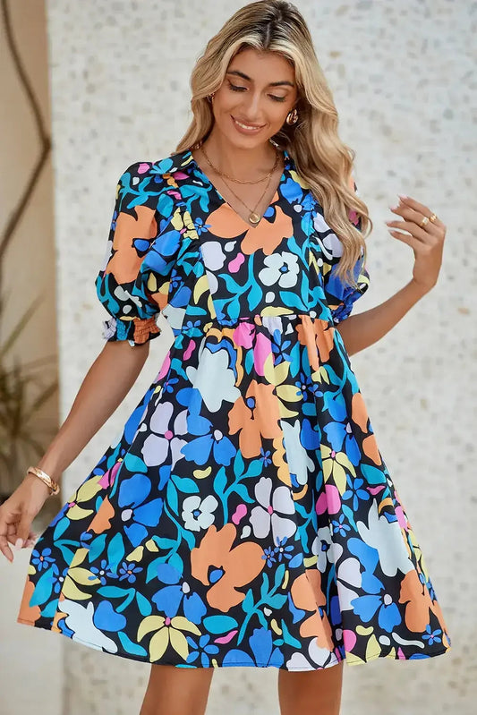 Blue Floral Print Collared Split V Neck Flared Mini Dress - Femstylo