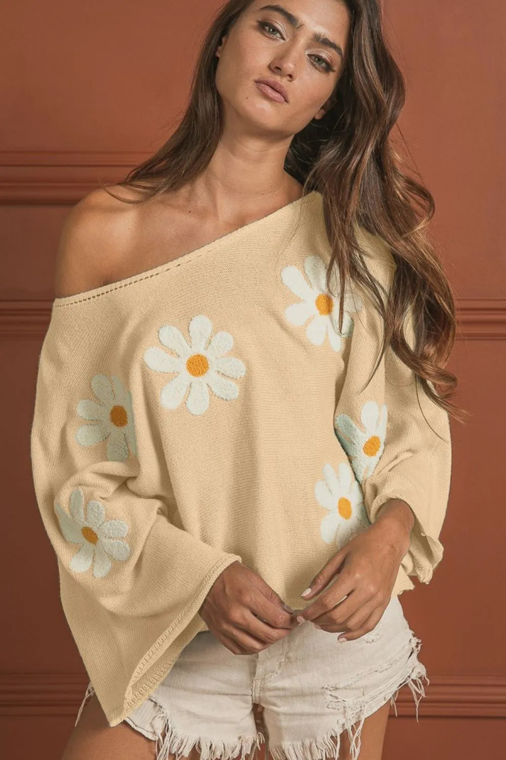 Flower Embroidery Loose Fit Knit Top