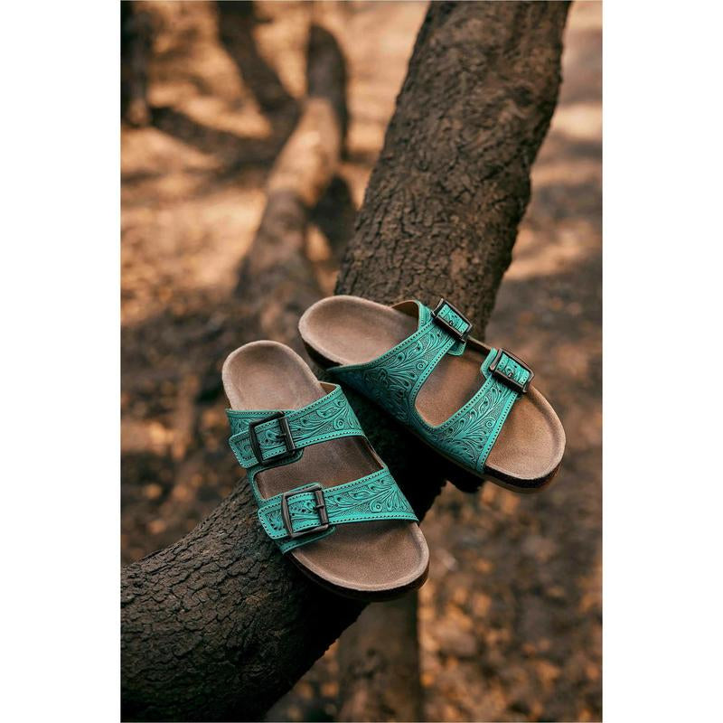 Turquoise Wildflower Wanderer Leather Tooled Sandals