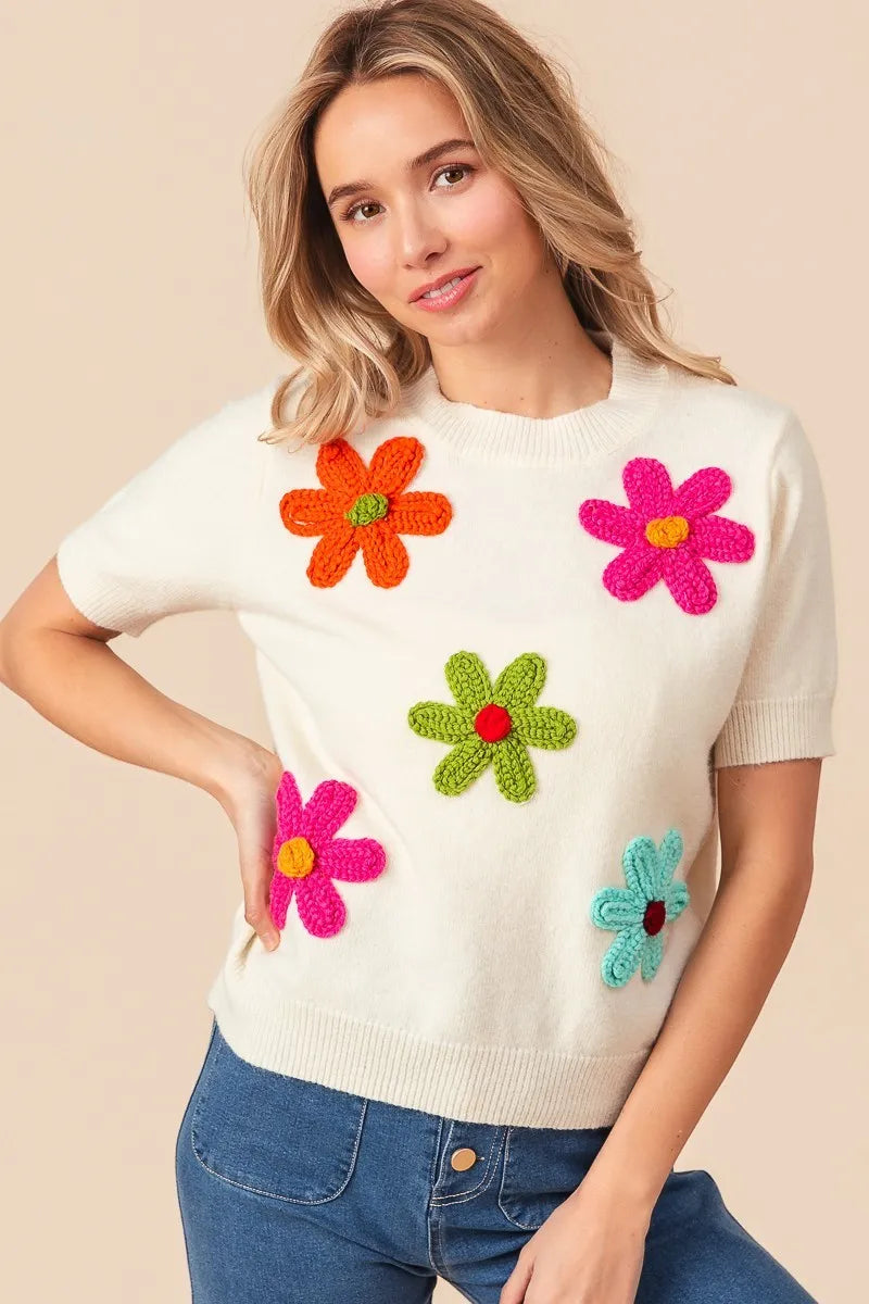 BiBi Crochet Flower Patch Sweater Top