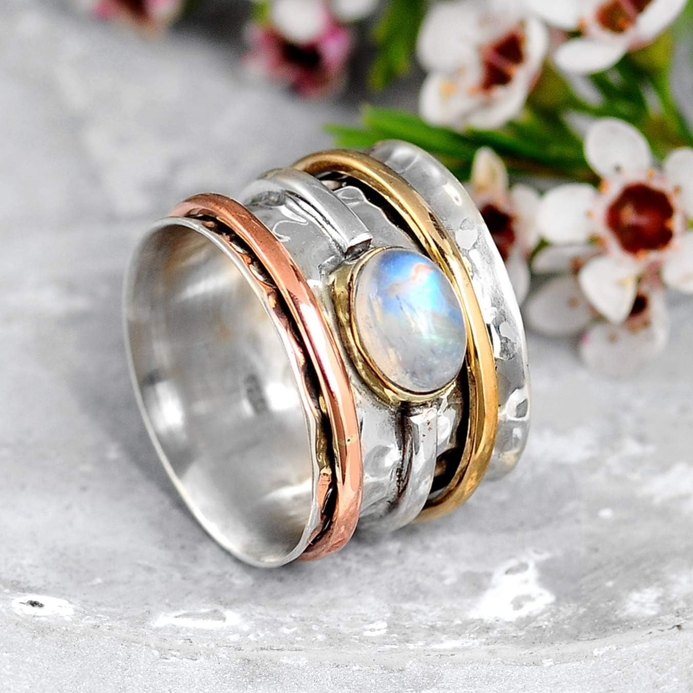 925 Sterling Silver Spinner Moonstone Ring for Women with Copper and Brass Fidget Rings Bands