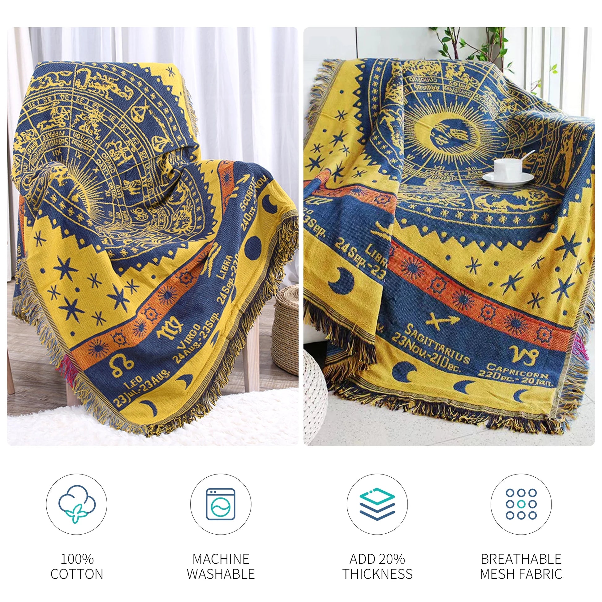 Zodiac Throw Blanketboho Hippie Woven Witchy Astrology Celestial Constellation Balnket for Home Decor, Double Side Cover Chair Sofa Couch(Yellow,S 51" X 71")