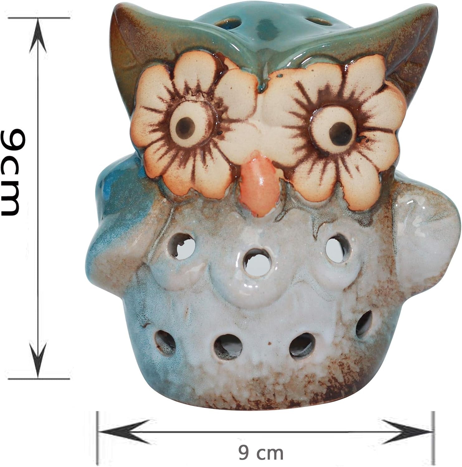 Ceramic Owl Incense Burner - Holder for Cones, Bricks, Rope & Resin Incense, Candle Holder (Blue)