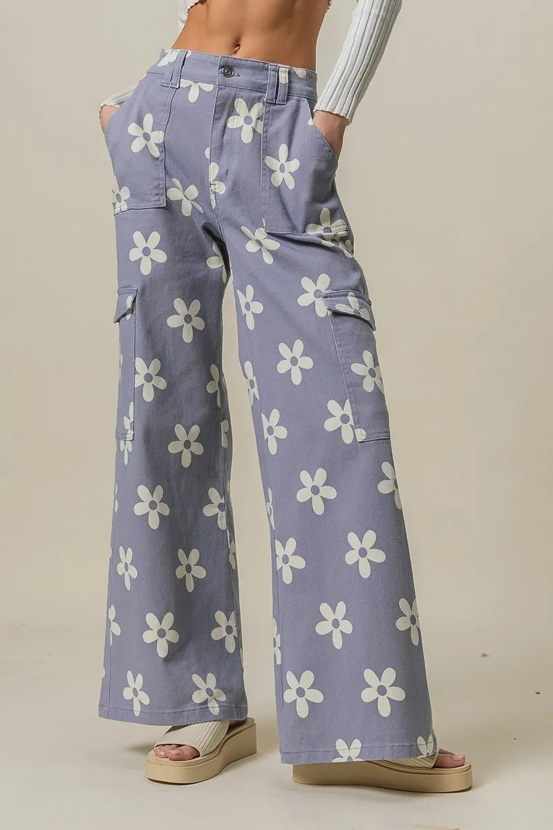 Flower Printed Side Pocket Wide Pants